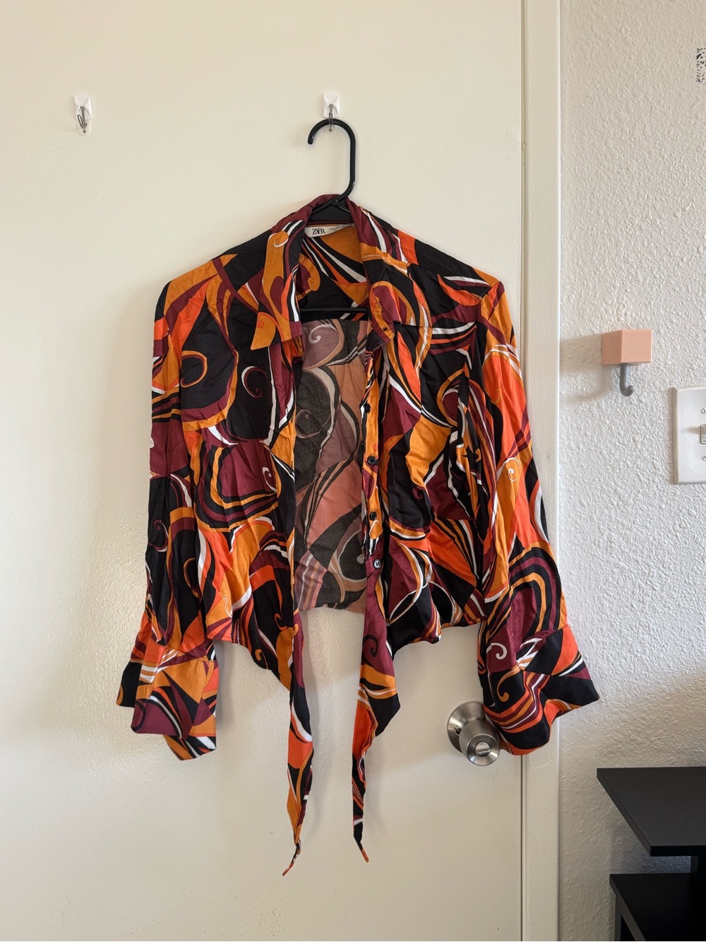Zara Multicolor Abstract Tie-Front Blouse in Orange, Black & Burgundy